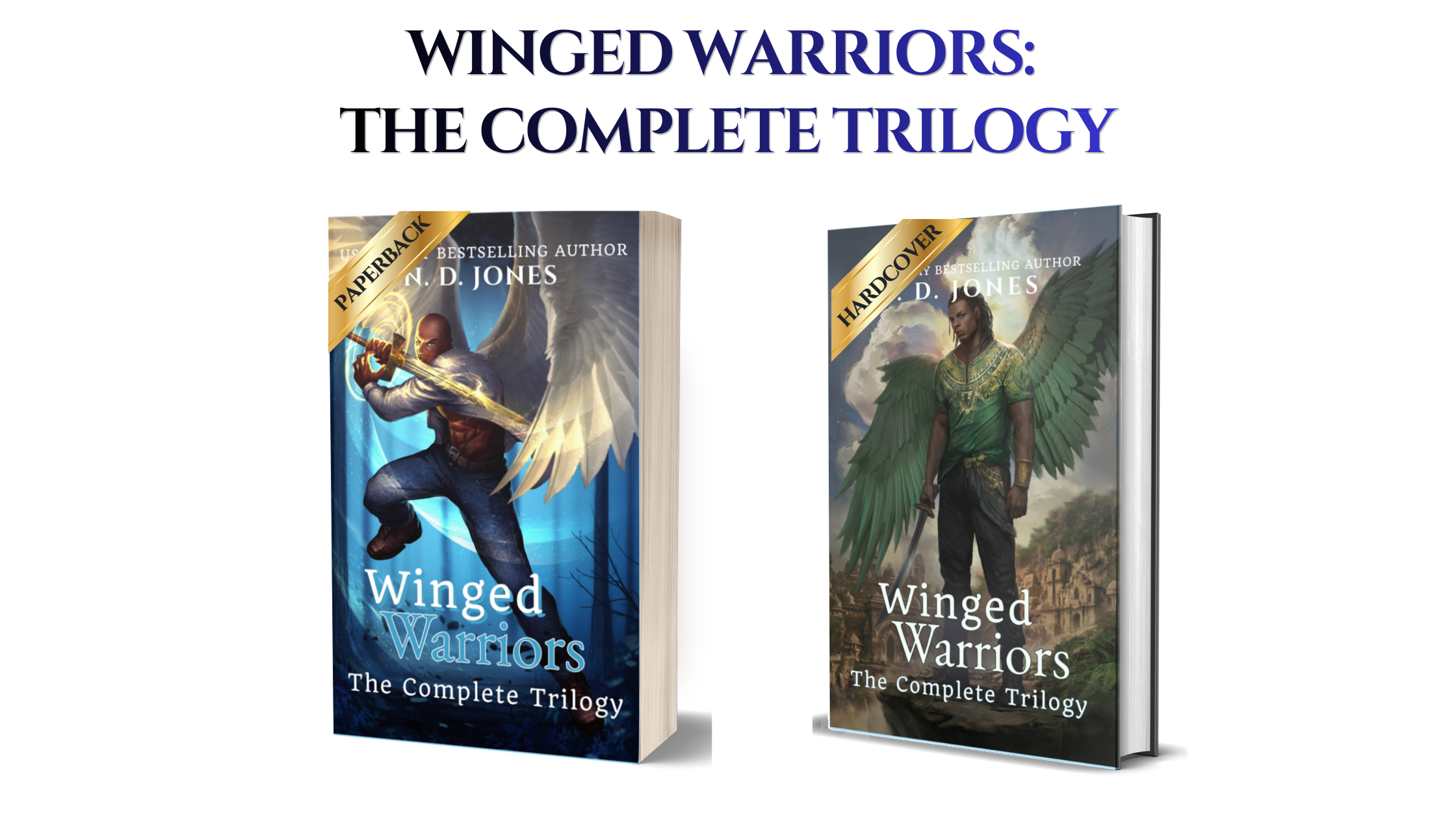 Winged Warriors Complete Trilogy book covers showing paperback and hardcover editions of a paranormal fantasy romance with angel warriors