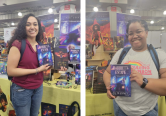 Reader at N.D. Jones’s event table featuring Harriet’s Escape and author signage.