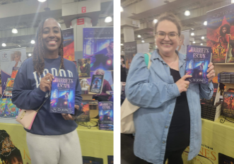 Reader at N.D. Jones’s event table featuring Harriet’s Escape and author signage.