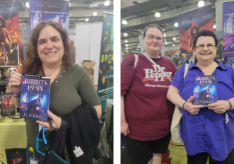Reader at N.D. Jones’s event table featuring Harriet’s Escape and author signage.